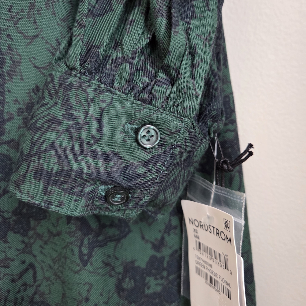 Treasure&Bond Oversized Green Floral Puff Long Sleeve Blouse Tunic Rayon XS NWT